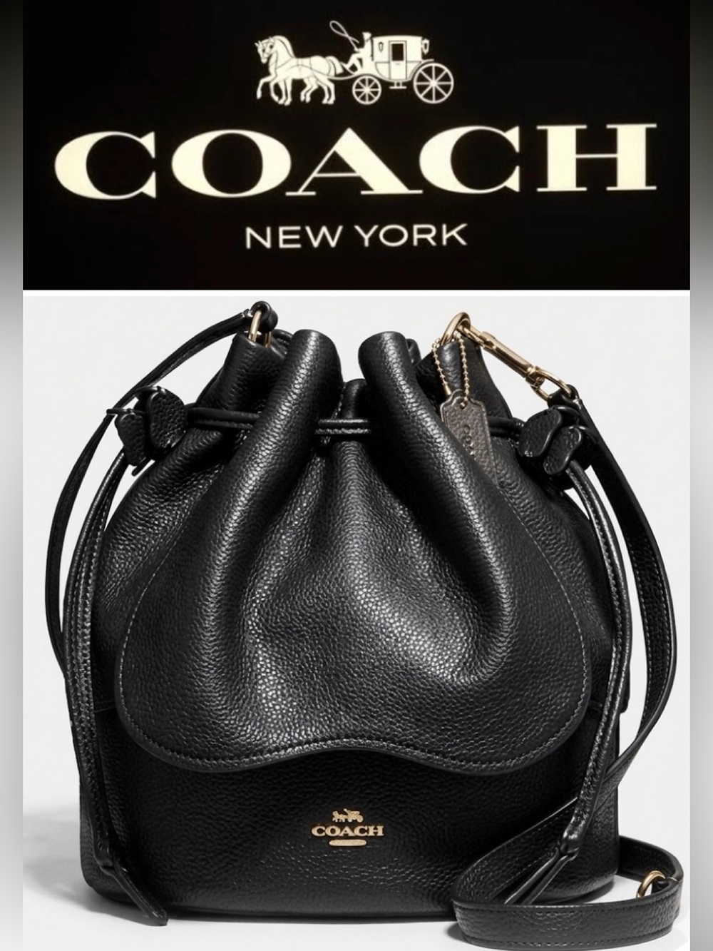 COACH Petal Tea Rose 22 Bucket Bag Black Pebble Leather - Like New 2017 (F11807)